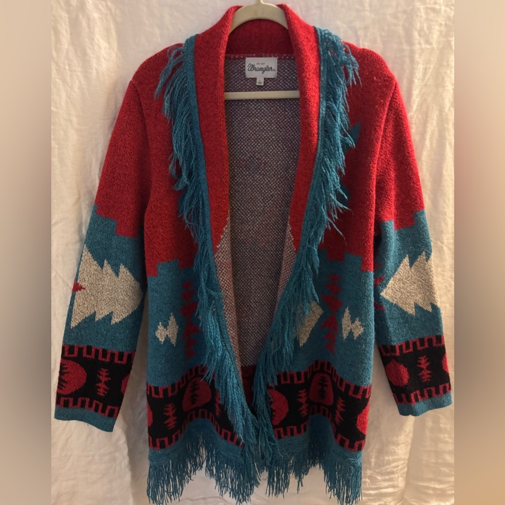 VTG Wrangler Western Belted Knit Cardigan Southwest Burgundy Sweater L